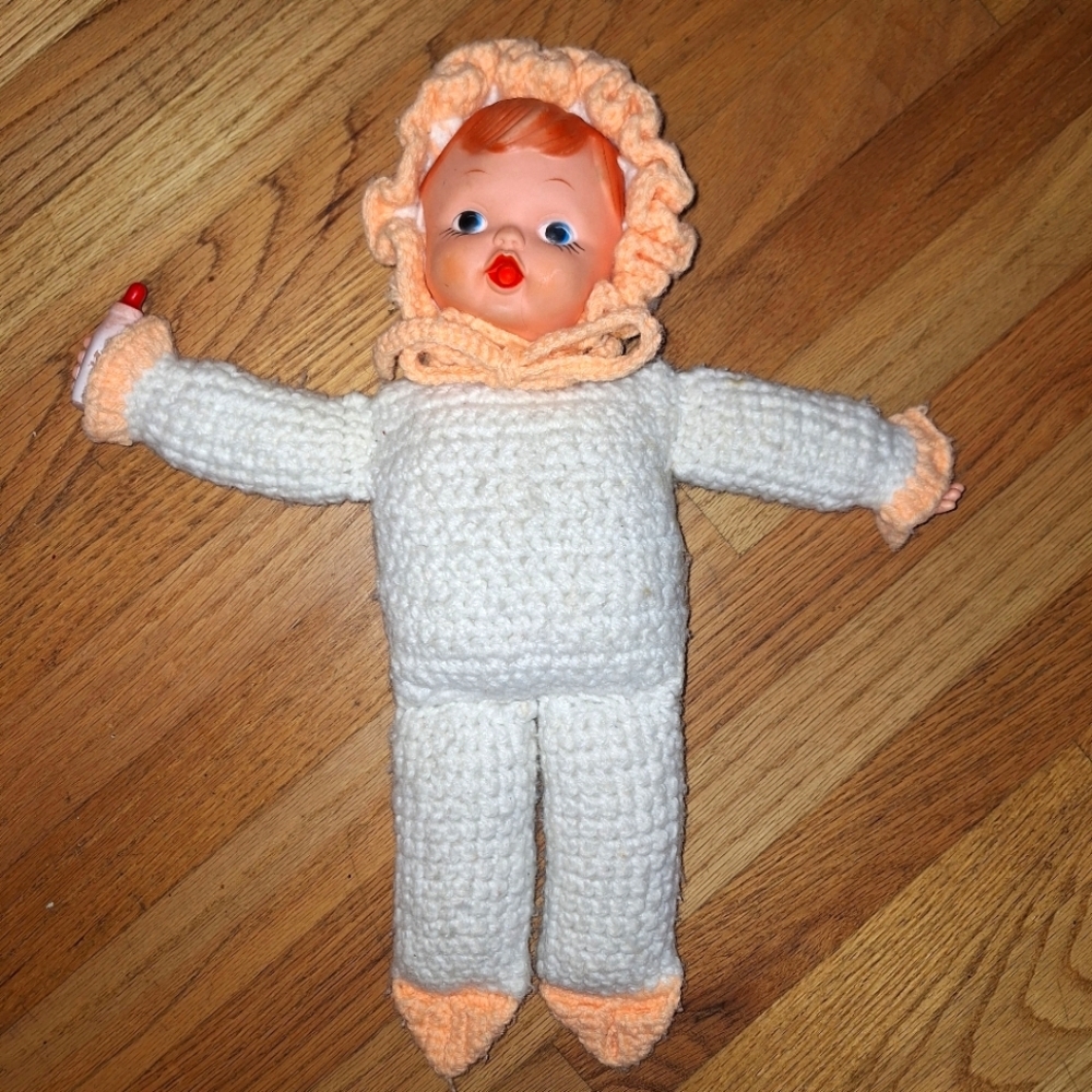 Rubber Face Doll w/ Bottle Crochet Body Handmade Vintage 17"